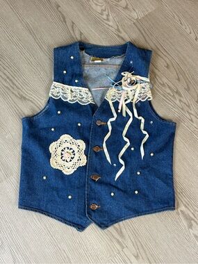 Women’s Denim Vest with Lace & Crochet Accents